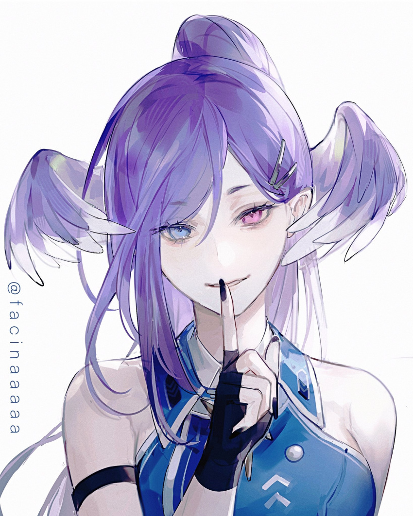 1girl, black_gloves, black_nails, blue_eyes, blue_shirt, collared_shirt, facinaaaaa, finger_to_mouth, fingerless_gloves, gloves, grin, hair_ornament, hairclip, head_wings, heterochromia, high_ponytail, highres, long_hair, nijisanji, nijisanji_en, pink_eyes, purple_hair, selen_tatsuki, shirt, simple_background, sleeveless, sleeveless_shirt, smile, solo, virtual_youtuber, white_background, wings