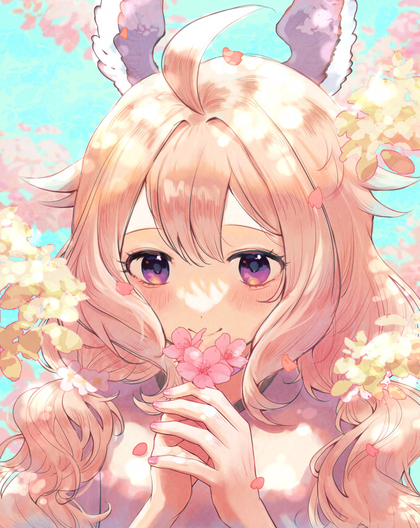 1girl, absurdres, ahoge, blush, cherry_blossoms, commentary, enna_alouette, flower