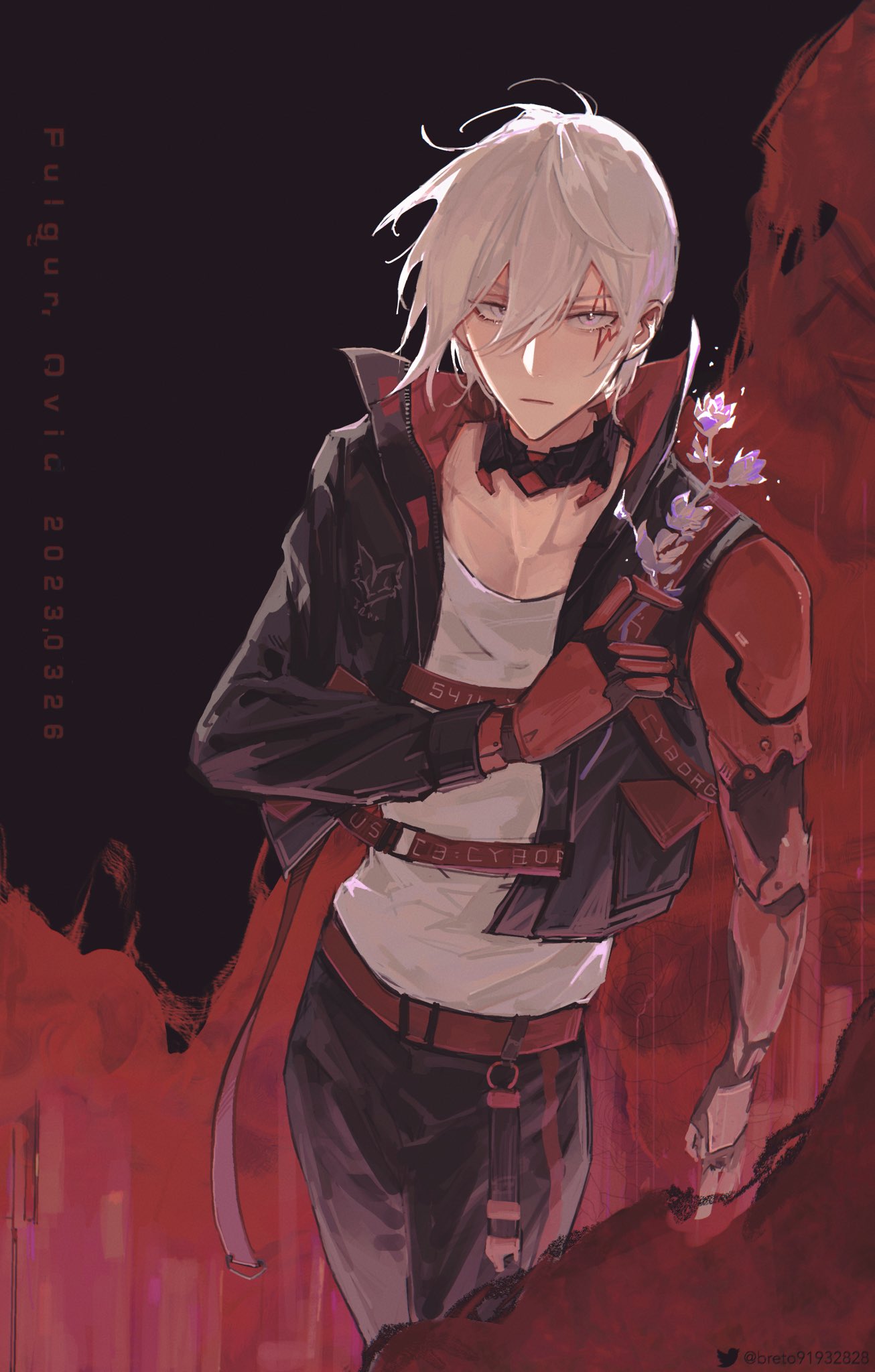 1boy, asymmetrical_sleeves, belt, black_jacket, black_pants, breto_(wen_mu_huo), character_name, facial_tattoo, fulgur_ovid, grey_eyes, grey_hair, hair_between_eyes, highres, jacket, male_focus, mechanical_arms, nijisanji, nijisanji_en, pants, red_belt, red_jacket, shirt_tucked_in, single_mechanical_arm, solo, tank_top, tattoo, uneven_sleeves, virtual_youtuber, white_tank_top