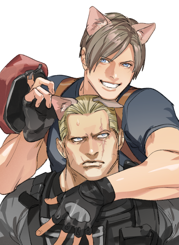 2boys, animal_ears, beret, black_gloves, black_shirt, blonde_hair, blue_eyes, brown_hair