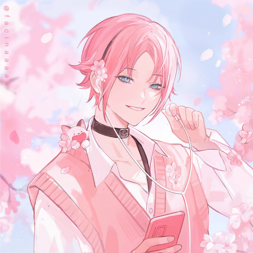 1boy, alternate_color, black_choker, blue_eyes, cellphone, cherry_blossoms, choker, dress_shirt, earphones, facinaaaaa, highres, looking_at_viewer, male_focus, mysta_rias, nijisanji, nijisanji_en, parted_bangs, phone, pink_hair, pink_sweater_vest, shirt, smartphone, smile, solo, sweater_vest, virtual_youtuber, white_shirt