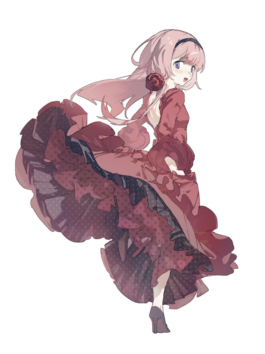 1girl, absurdres, backless_dress, backless_outfit, black_headband, blue_eyes, blush, dress