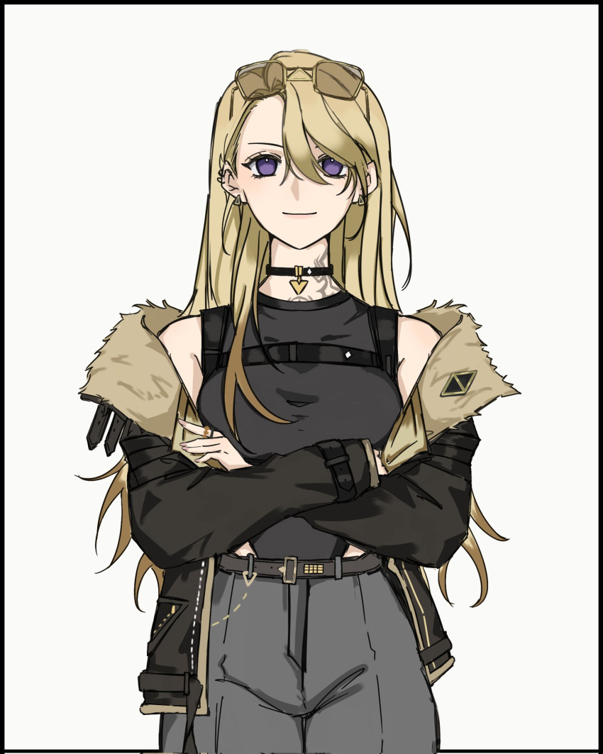 1girl, belt, black_choker, black_jacket, black_shirt, blonde_hair, choker, crossed_arms, earrings, eyewear_on_head, fur-trimmed_jacket, fur_trim, genderswap, genderswap_(mtf), grey_pants, highres, i.n_(inin179), jacket, jewelry, long_hair, luca_kaneshiro, lucy_kaneshiro, nijisanji, nijisanji_en, open_clothes, open_jacket, pants, shirt, simple_background, solo, sunglasses, violet_eyes, white_background