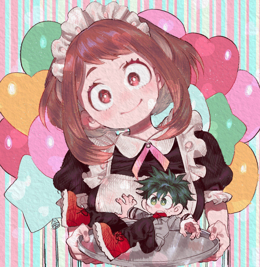 1boy, 1girl, alternate_costume, apron, balloon, black_pants, blazer, blush