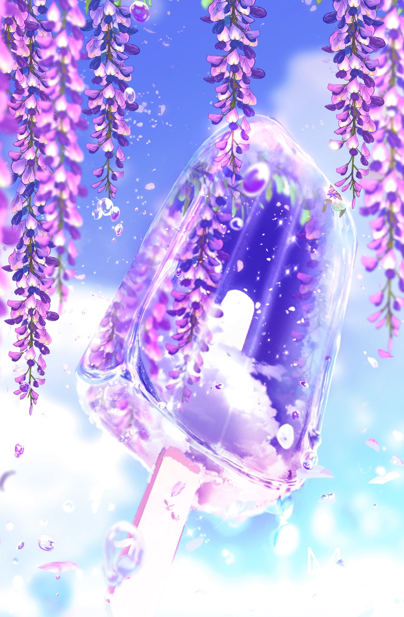 blue_sky, clouds, day, flower, food, food_focus, highres, makoron117117, no_humans, original, outdoors, popsicle, popsicle_stick, scenery, sky, transparent, water_drop, wisteria