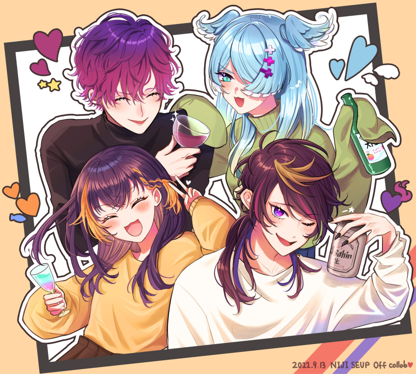 2boys, 2girls, absurdres, alcohol, aqua_eyes, beer, black_hair, black_nails