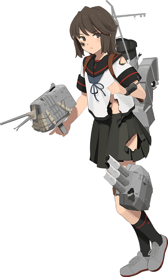 1girl, adapted_turret, black_hair, black_sailor_collar, black_skirt, black_socks, brown_eyes, cannon