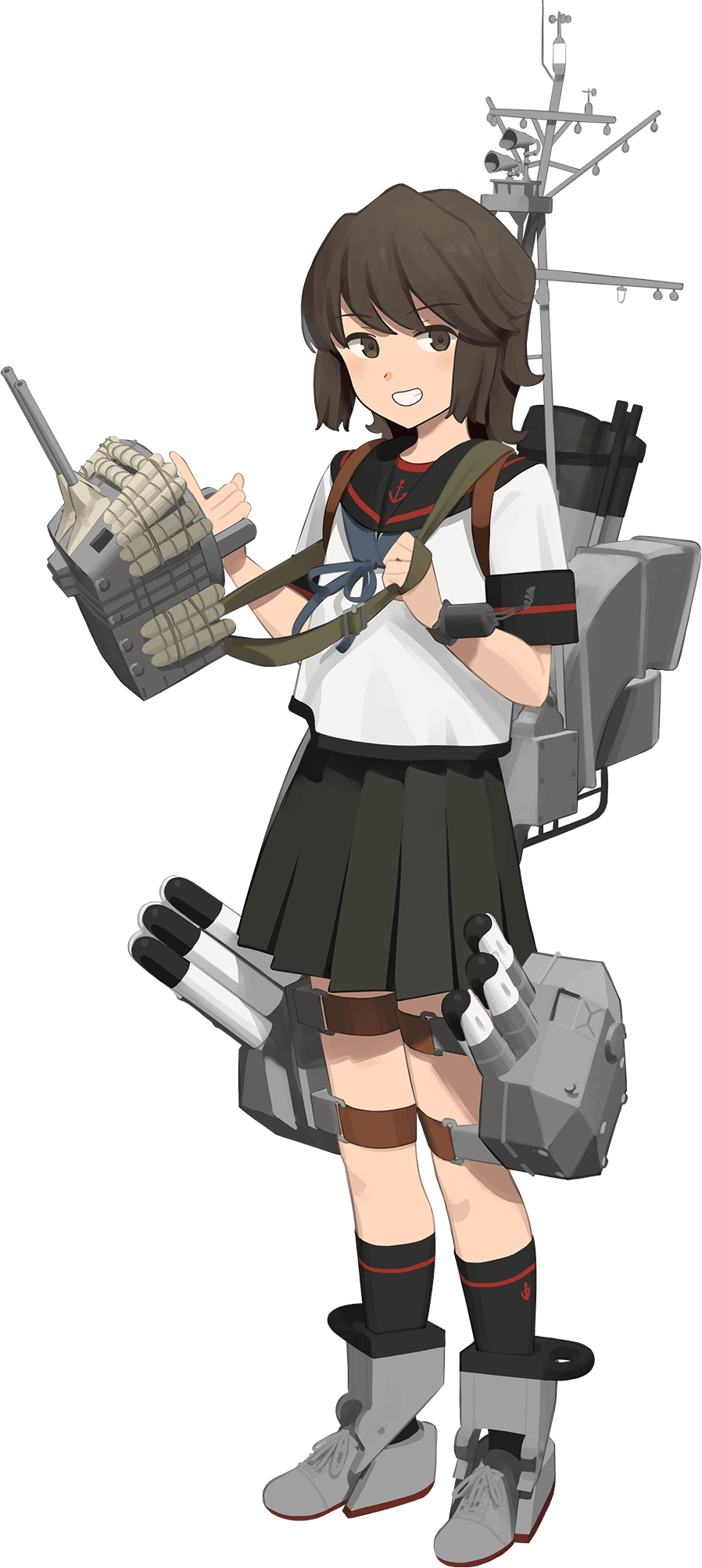1girl, adapted_turret, black_hair, black_sailor_collar, black_skirt, black_socks, brown_eyes, cannon