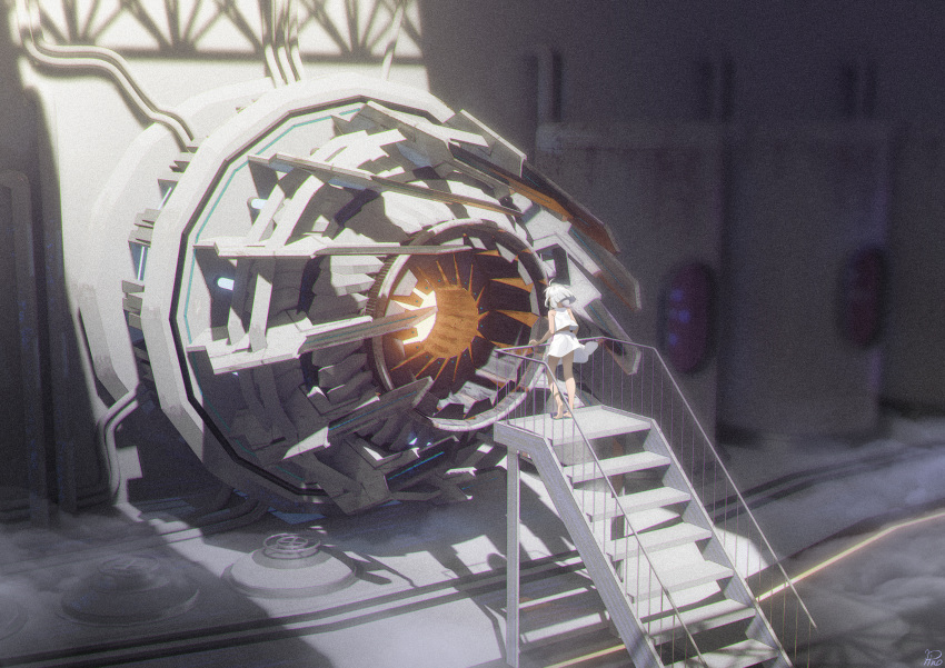 1girl, highres, machinery, original, pinoj0214, railing, scenery, science_fiction
