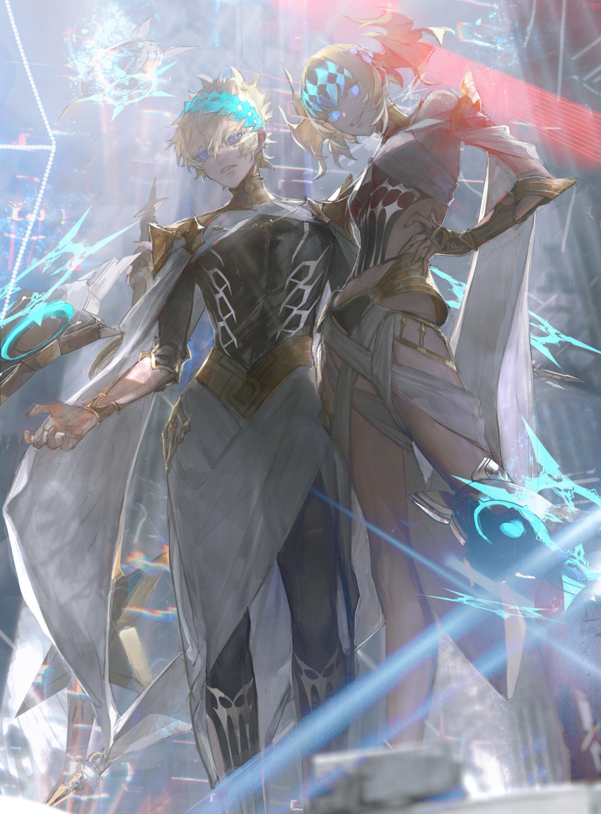 1boy, 1girl, absurdres, armor, au_(d_elete), bare_shoulders, black_shirt, blonde_hair