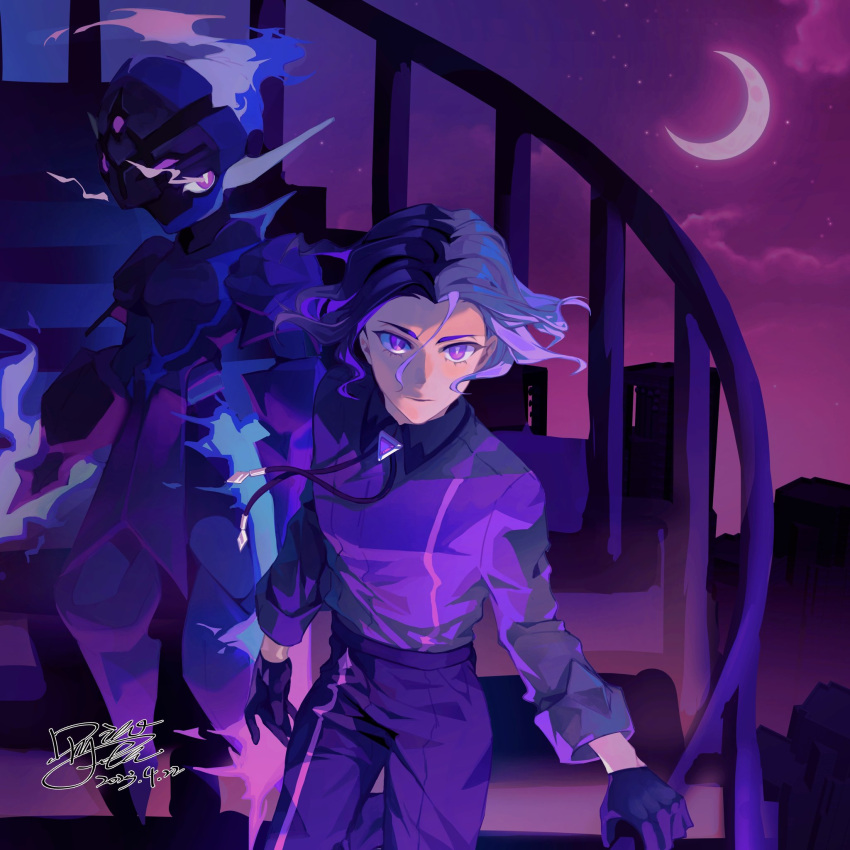 1boy, amethio_(pokemon), bright_pupils, ceruledge, closed_mouth, clouds, commentary_request, coo2co2, crescent_moon, dated, gloves, highres, male_focus, moon, night, outdoors, pants, pokemon, pokemon_(anime), pokemon_(creature), pokemon_horizons, shirt, short_hair, signature, sky, stairs, standing, violet_eyes