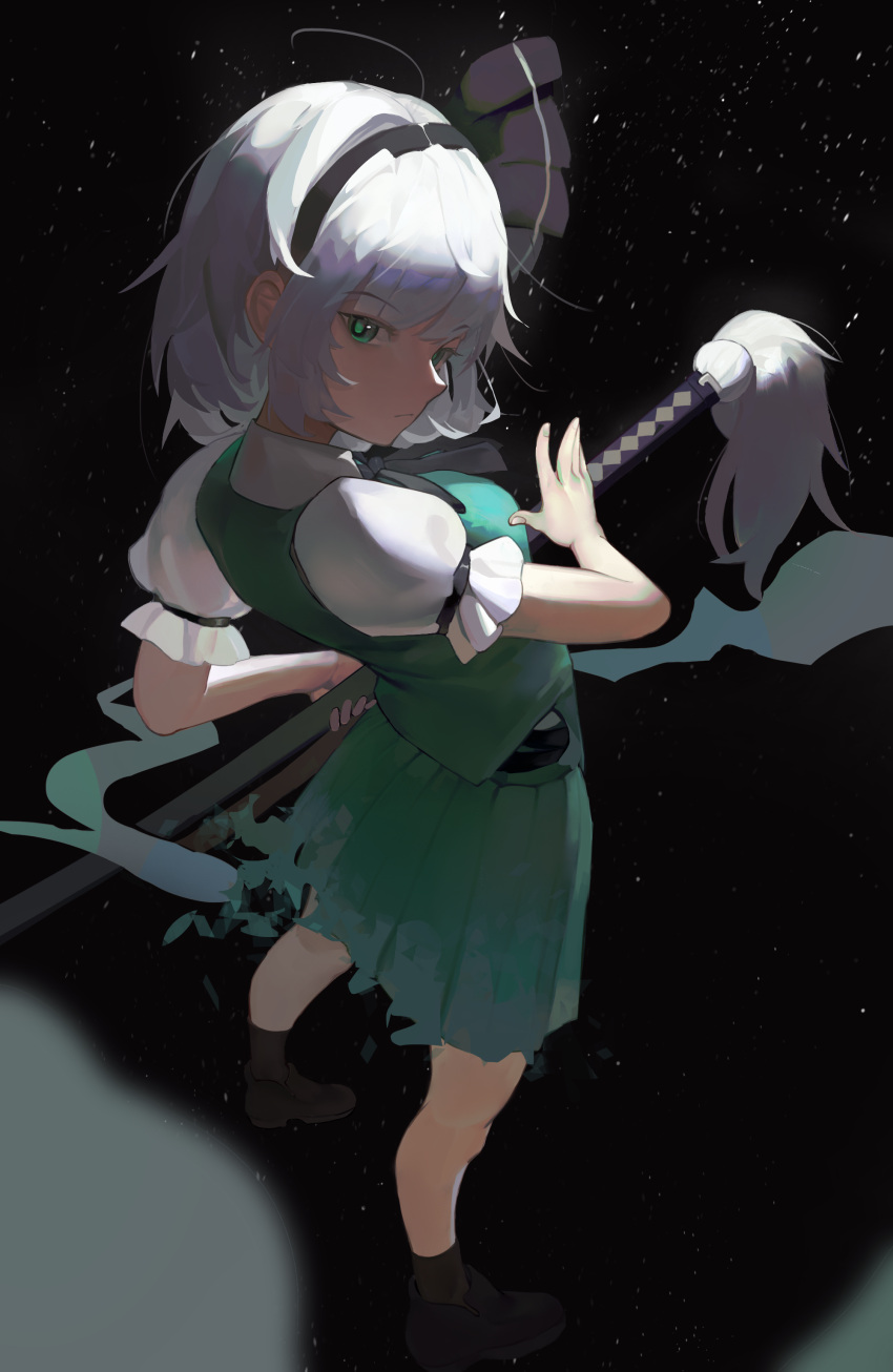 1girl, absurdres, black_background, bob_cut, breasts, eran_syrupzz, from_above, full_body, green_eyes, green_skirt, green_vest, grey_hair, highres, hitodama, katana, konpaku_youmu, konpaku_youmu_(ghost), light_particles, looking_back, medium_breasts, short_hair, simple_background, skirt, skirt_set, solo, standing, sword, touhou, vest, weapon