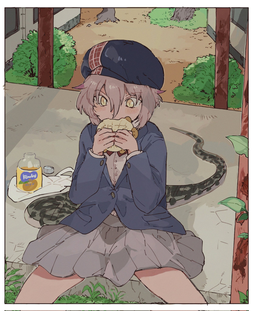 1girl, alternate_costume, beret, blue_headwear, blue_jacket, blush, bow, bowtie, eating, grey_hair, grey_skirt, hat, highres, jacket, kamutyome7, kemono_friends, long_sleeves, okinawa_habu_(kemono_friends), pleated_skirt, red_bow, red_bowtie, school_uniform, shirt, short_hair, sitting, skirt, snake_print, snake_tail, solo, tail, white_shirt, yellow_eyes