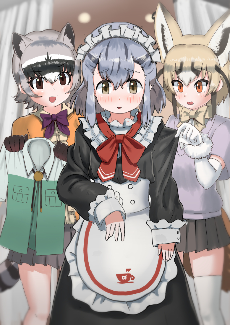 3girls, alternate_costume, animal_ears, apron, black_dress, blonde_hair, blush, bow, bowtie, brown_eyes, brown_hair, brown_skirt, crab-eating_raccoon_(kemono_friends), dress, enmaided, extra_ears, fox_ears, fox_girl, fox_tail, frilled_apron, frills, green_eyes, grey_hair, hikari_(kemono_friends), jacket, japari_symbol, kemono_friends, kemono_friends_3, long_sleeves, maid, maid_headdress, multicolored_hair, multiple_girls, orange_jacket, pink_shirt, pleated_skirt, purple_bow, purple_bowtie, raccoon_ears, raccoon_girl, raccoon_tail, red_bow, red_bowtie, rueppell's_fox_(kemono_friends), safari_jacket, shirt, short_hair, sidelocks, skirt, tail, thigh-highs, white_apron, white_thighhighs, yellow_bow, yellow_bowtie, yellow_shirt, yumeumi_sousaku, zettai_ryouiki