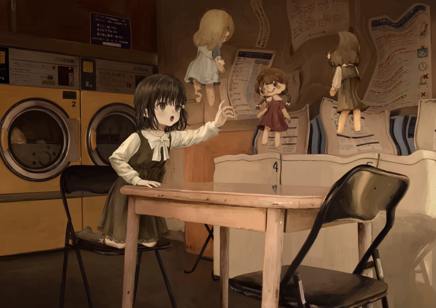 1girl, bow, bowtie, brown_dress, brown_eyes, brown_hair, brown_socks, chair