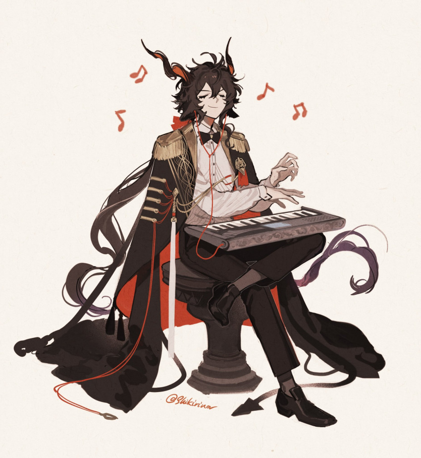 1boy, animal_ears, arknights, black_bow, black_bowtie, black_coat, black_footwear, black_hair