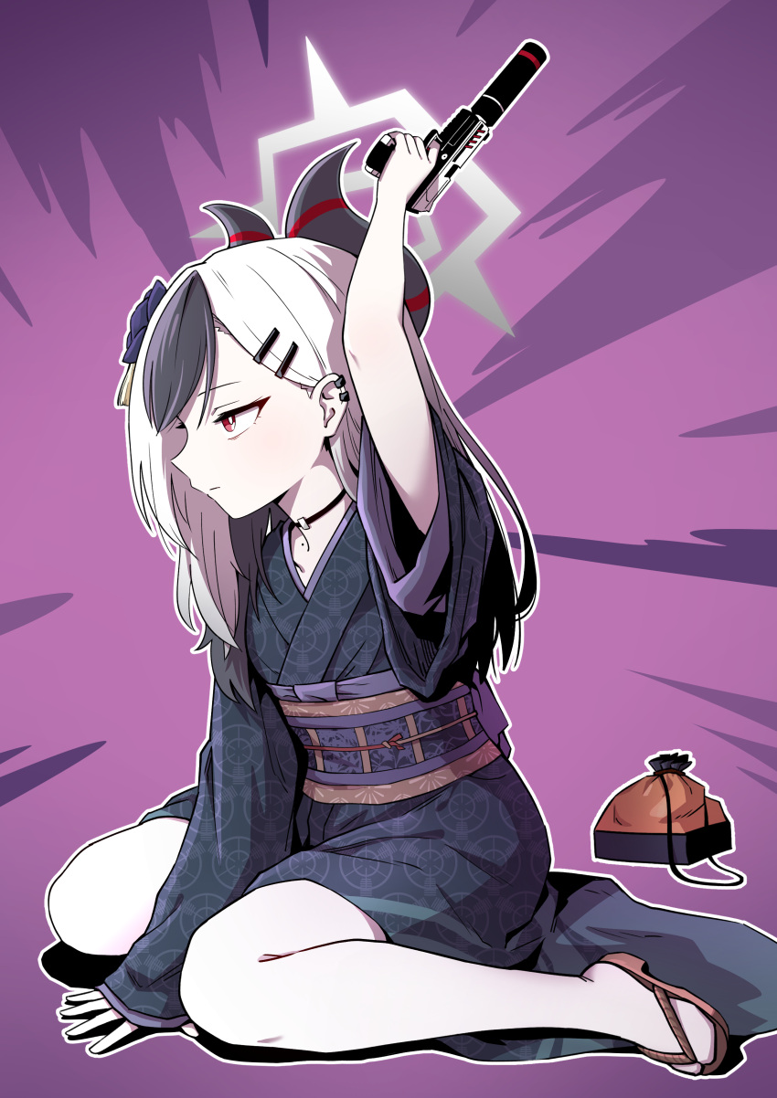 1girl, absurdres, aiming_up, arm_support, arm_up, black_choker, black_hair, blue_archive