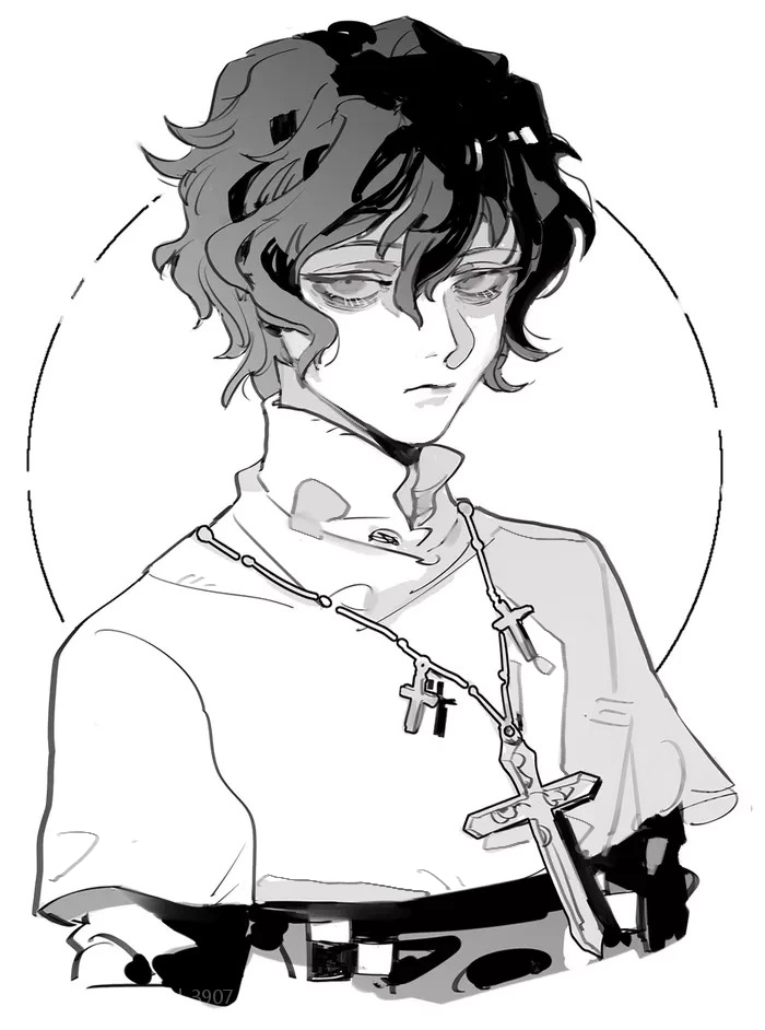 1boy, capelet, chinese_commentary, closed_mouth, commentary_request, cross, cross_necklace, cursenday's_dark_carnival, ganshi_xizao, greyscale, hair_between_eyes, high_collar, jewelry, male_focus, martin_kang, monochrome, necklace, sanpaku, short_hair, simple_background, solo, upper_body, white_background