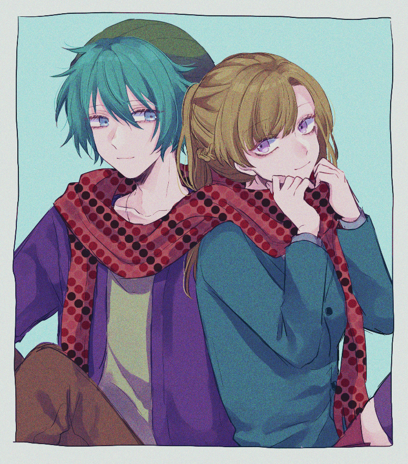1boy, 1girl, aqua_hair, beanie, blazer, blue_background, blue_eyes, blue_jacket
