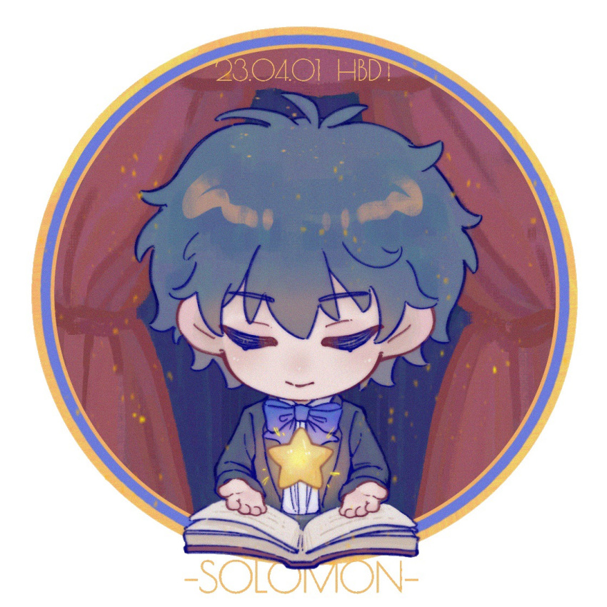 1boy, black_hair, black_jacket, blue_ribbon, book, character_name, chibi, chinese_commentary, closed_eyes, closed_mouth, commentary_request, cursenday's_dark_carnival, happy_birthday, jacket, kaya777, long_sleeves, male_focus, neck_ribbon, open_book, ribbon, shirt, short_hair, smile, solo, solomon_(cursenday's_dark_carnival), star_(symbol), white_shirt