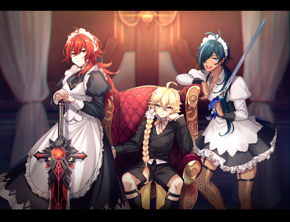 3boys, :d, aether_(genshin_impact), ahoge, alternate_costume, antenna_hair, apron, armchair