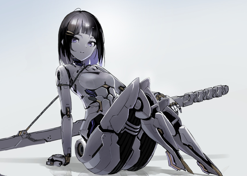 1girl, android, arm_support, black_hair, breasts, colored_inner_hair, gradient_background, grey_background