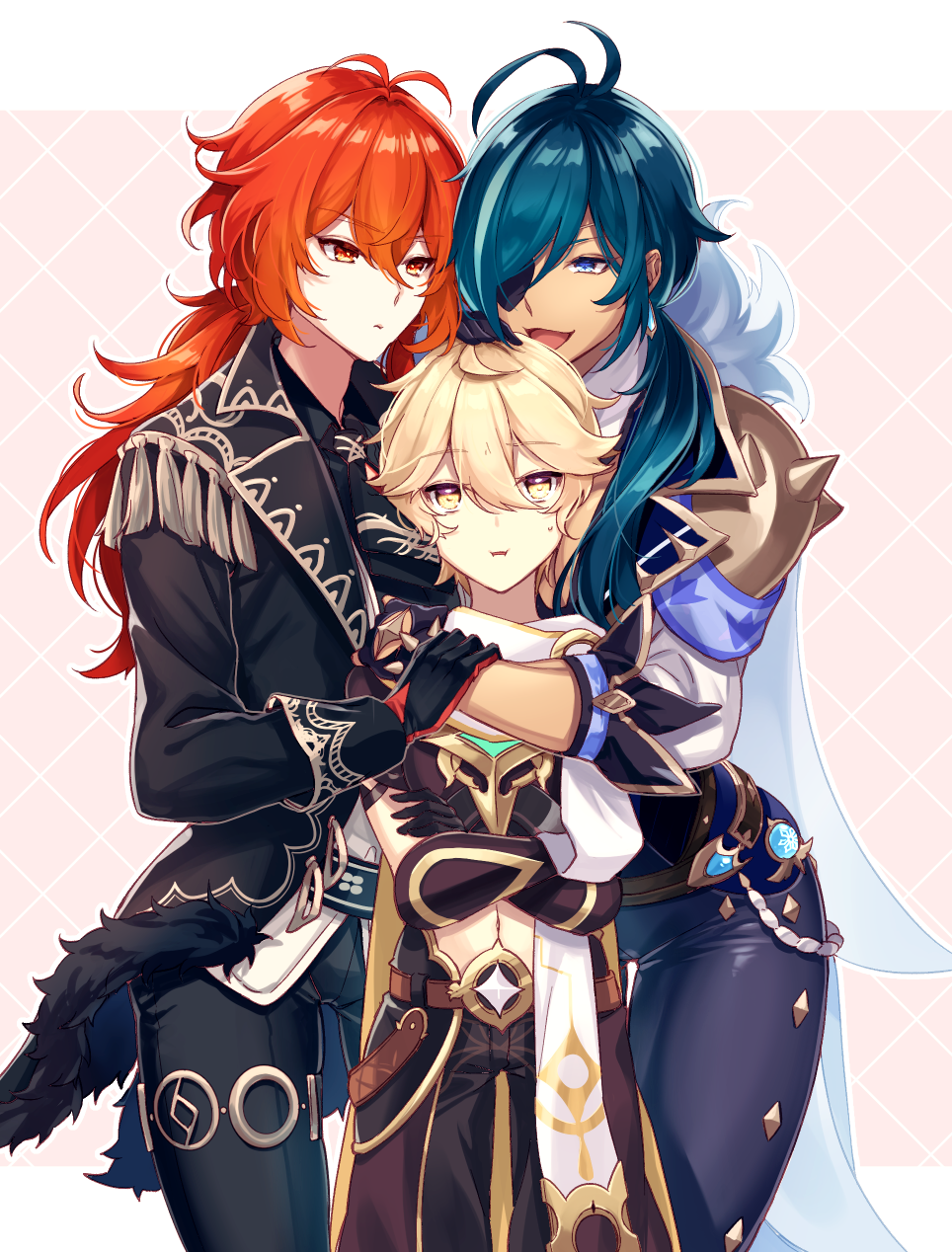 3boys, :d, aether_(genshin_impact), antenna_hair, armband, belt, black_coat, black_gloves