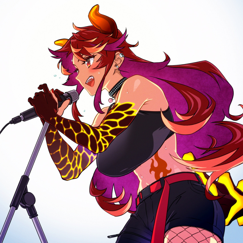 1girl, belt, black_choker, black_tank_top, blush, breasts, choker, colored_inner_hair, dola_(nijisanji), dragon_girl, dragon_horns, dragon_tail, ear_piercing, fangs, fishnets, gloves, gradient_horns, highres, holding, holding_microphone, horns, huge_breasts, long_hair, magari_(c0rn3r), microphone, midriff, molten_rock, multicolored_hair, multicolored_horns, music, navel, nijisanji, open_mouth, partially_fingerless_gloves, piercing, red_belt, red_eyes, redhead, shorts, simple_background, singing, smile, solo, sweat, sweatdrop, tail, tank_top, teeth, upper_teeth_only, virtual_youtuber, white_background