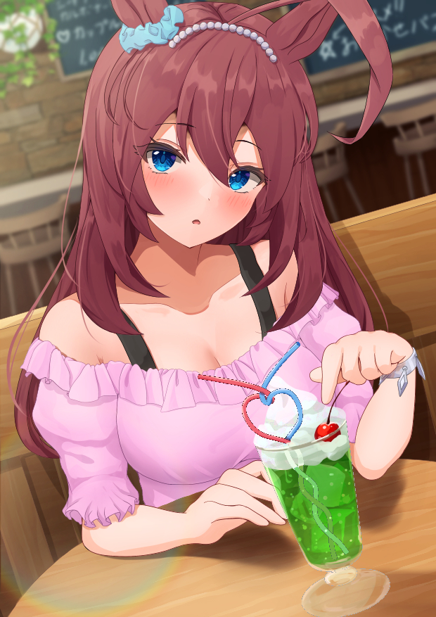 1girl, ahoge, animal_ears, blue_eyes, blush, brown_hair, chalkboard, crazy_straw
