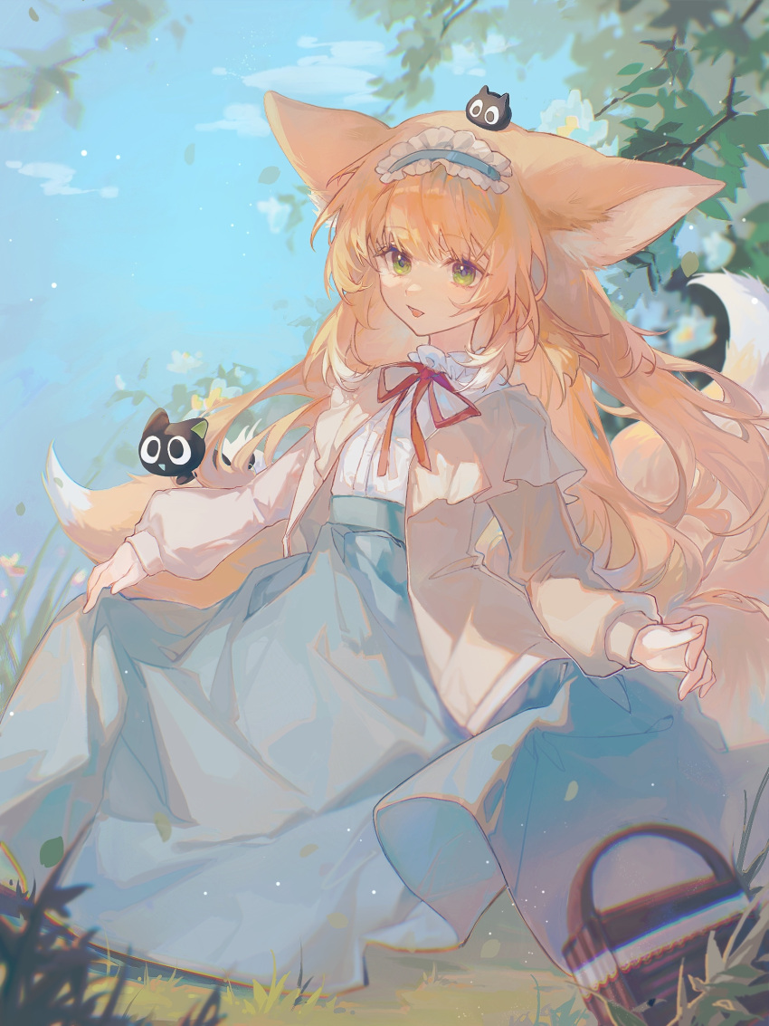 1girl, animal_ear_fluff, animal_ears, arknights, basket, black_cat, blonde_hair, blue_hairband
