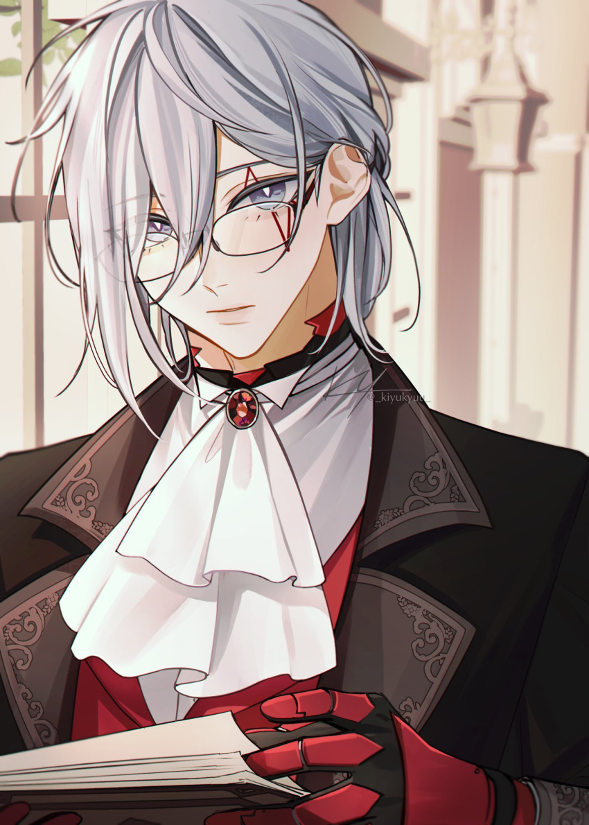 1boy, ascot, black_jacket, book, facial_tattoo, formal, fulgur_ovid, glasses, grey_eyes, grey_hair, hair_between_eyes, highres, jacket, kiyukyuu, male_focus, mechanical_arms, nijisanji, nijisanji_en, single_mechanical_arm, solo, tattoo, virtual_youtuber