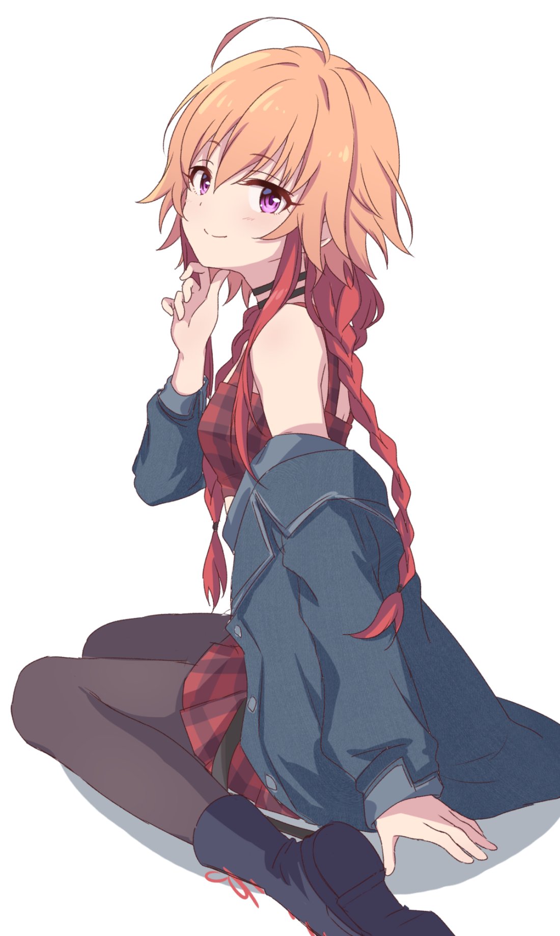 1girl, 2_nostg, ahoge, ankle_boots, arm_support, black_choker, black_footwear, black_jacket, black_pantyhose, boots, braid, breasts, checkered_clothes, checkered_shirt, checkered_skirt, choker, cropped_shirt, dot_nose, hair_between_eyes, hand_on_own_chin, hand_up, highres, idolmaster, idolmaster_cinderella_girls, jacket, legs, light_blush, light_brown_hair, long_hair, long_sleeves, looking_at_viewer, medium_breasts, multicolored_hair, ninomiya_asuka, pantyhose, red_shirt, red_skirt, redhead, shirt, sidelocks, sitting, skirt, smile, solo, tank_top, thighs, twin_braids, two-tone_hair, violet_eyes, wariza, white_background