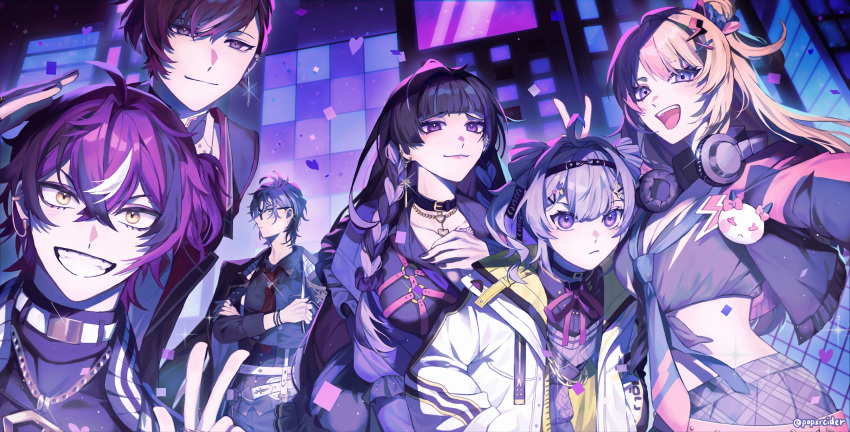 3boys, 3girls, black_choker, black_hair, black_nails, blonde_hair, blue_hair, blue_necktie