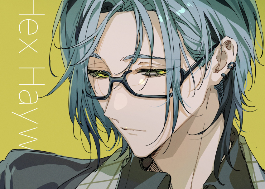 1boy, absurdres, black-framed_eyewear, blue_hair, character_name, ear_piercing, glasses, green_eyes