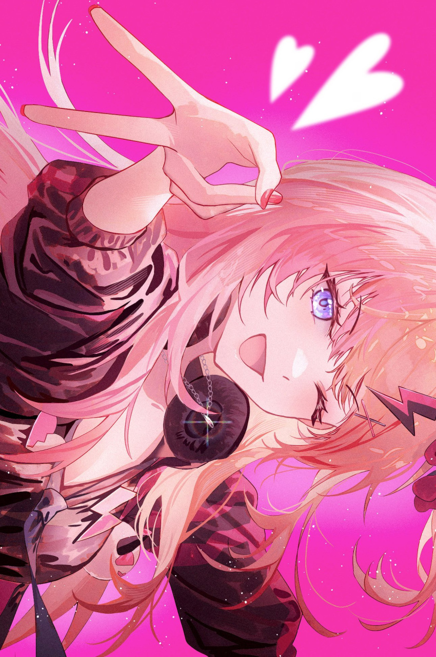 1girl, ;d, blonde_hair, blue_eyes, blue_necktie, headphones, headphones_around_neck, heart