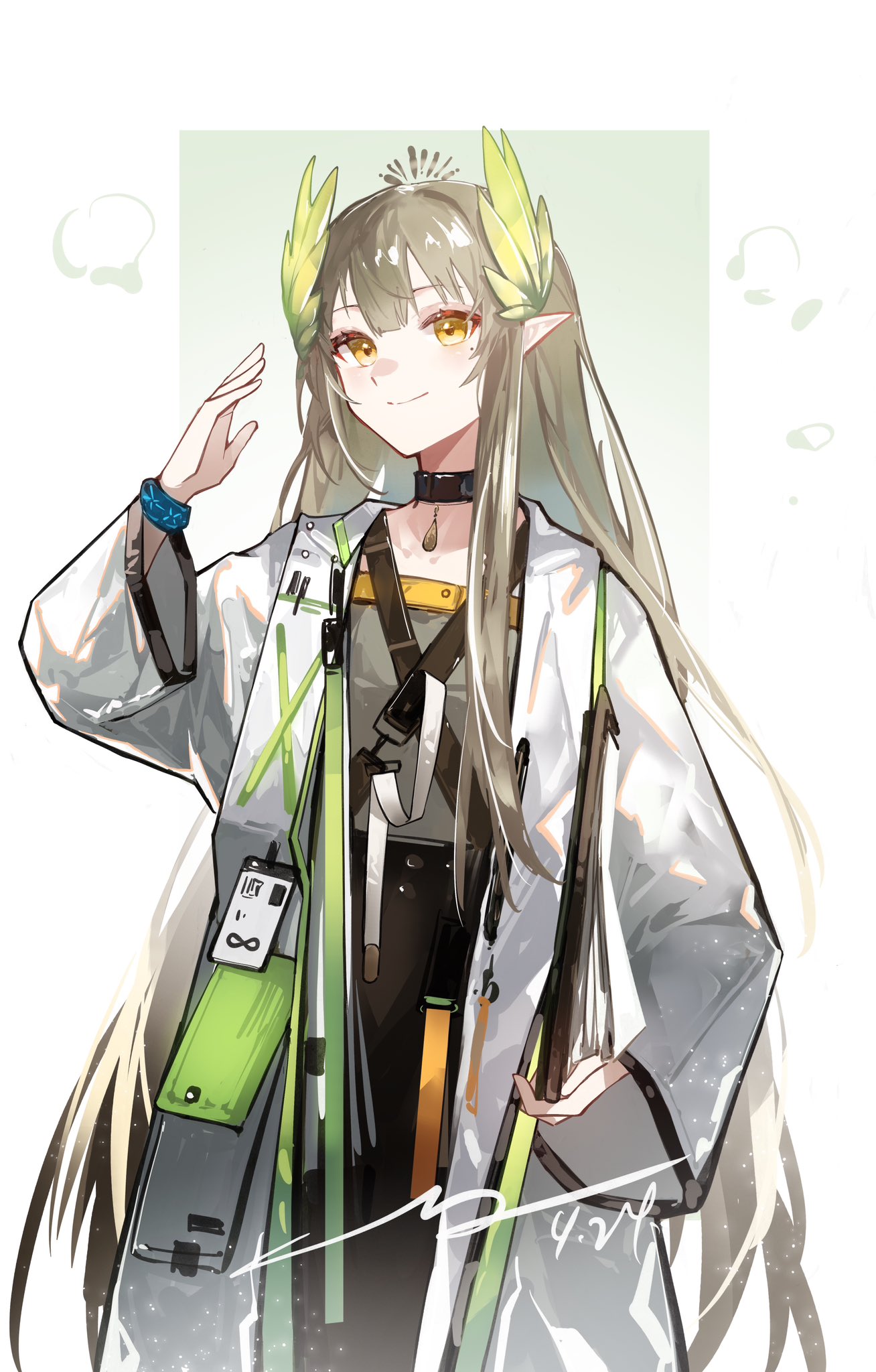 1girl, arknights, black_choker, brown_hair, choker, closed_mouth, coat, cowboy_shot