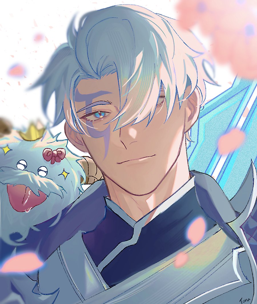 00mjk, 1boy, :p, aphelios, black_jacket, blue_eyes, closed_mouth, crown, edg_aphelios, facial_hair, facial_mark, falling_petals, hair_over_one_eye, jacket, league_of_legends, male_focus, mini_crown, mustache, official_alternate_costume, petals, poro_(league_of_legends), short_hair, smile, tongue, tongue_out, upper_body, weapon, weapon_on_back, white_hair, yordle