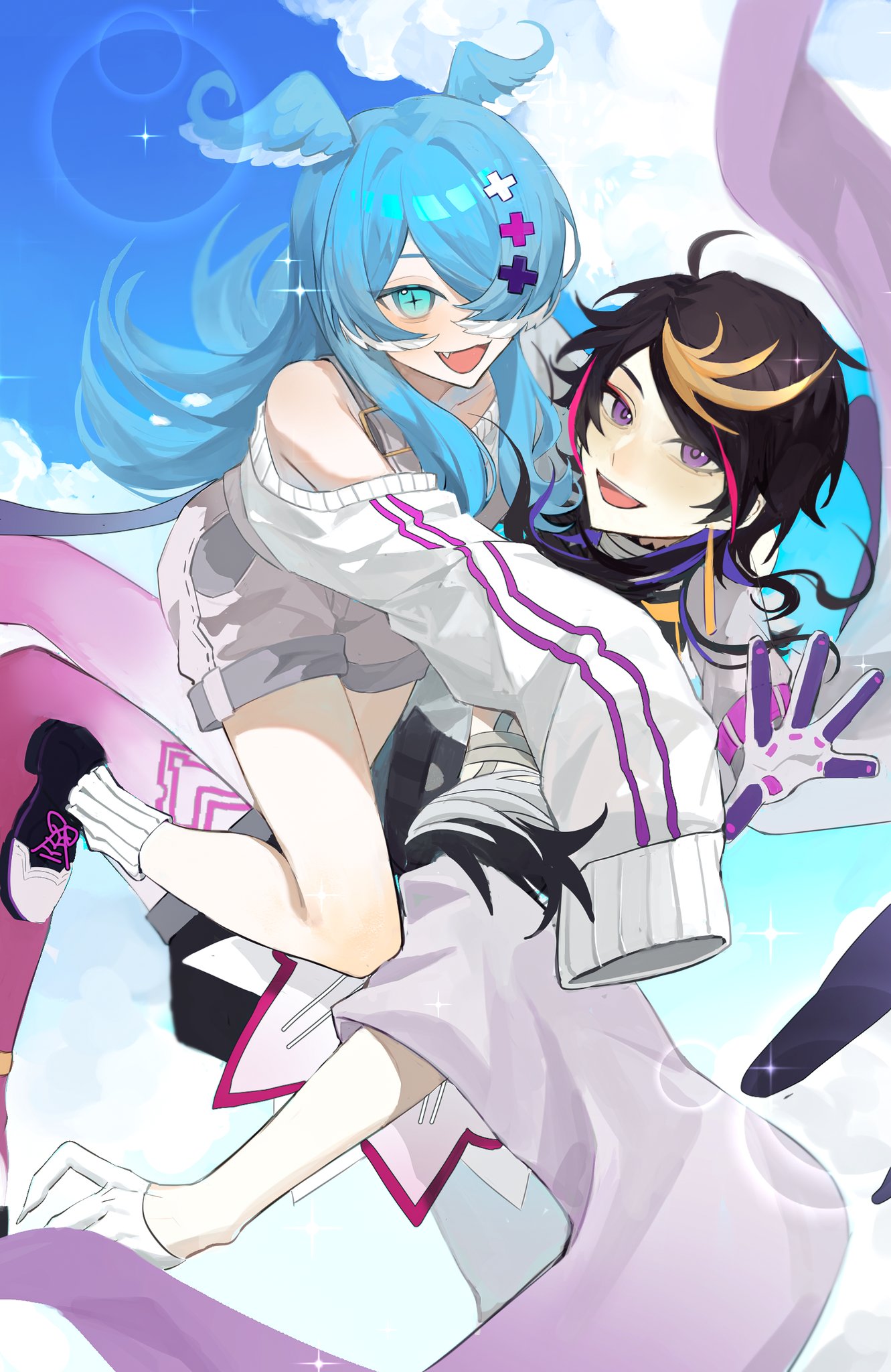 1boy, 1girl, black_hair, blonde_hair, blue_hair, blue_wings, elira_pendora, grey_overalls