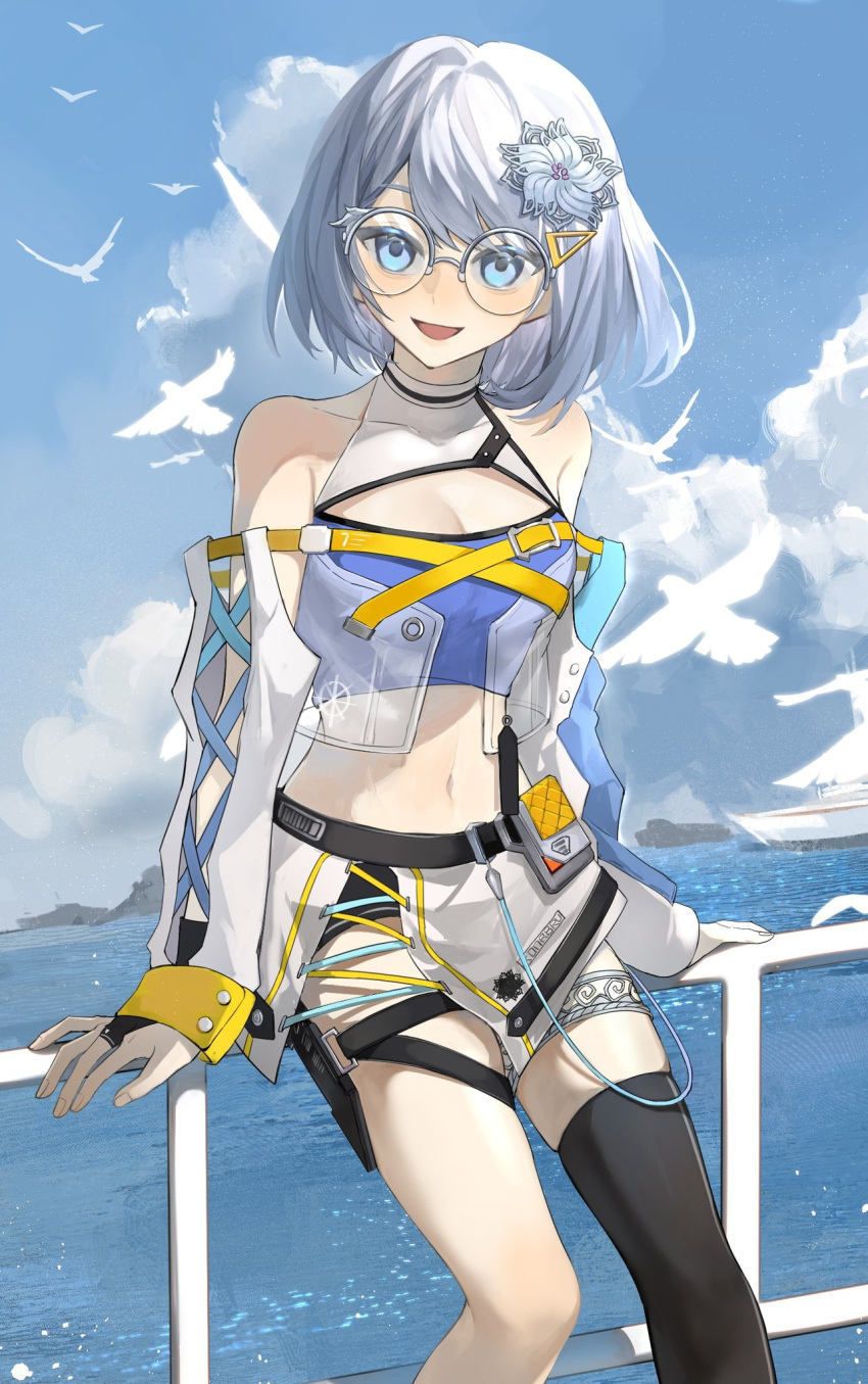 1girl, ban_hada, black_thighhighs, blue_eyes, clouds, crop_top, flower, glasses