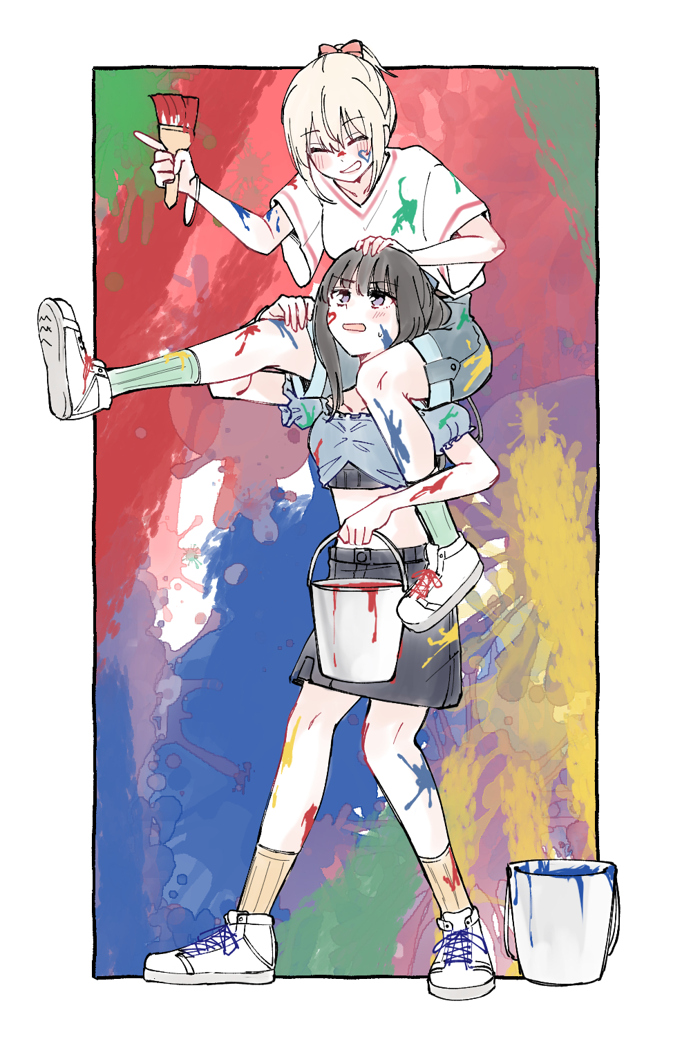 2girls, 6t24413, black_hair, black_skirt, blonde_hair, blush, bucket, carrying, collarbone, commentary_request, hand_on_another's_head, heart, highres, inoue_takina, long_hair, lycoris_recoil, midriff, multiple_girls, nishikigi_chisato, paint, paint_on_body, paint_on_clothes, paintbrush, short_hair, shorts, shoulder_carry, skirt, violet_eyes, white_footwear