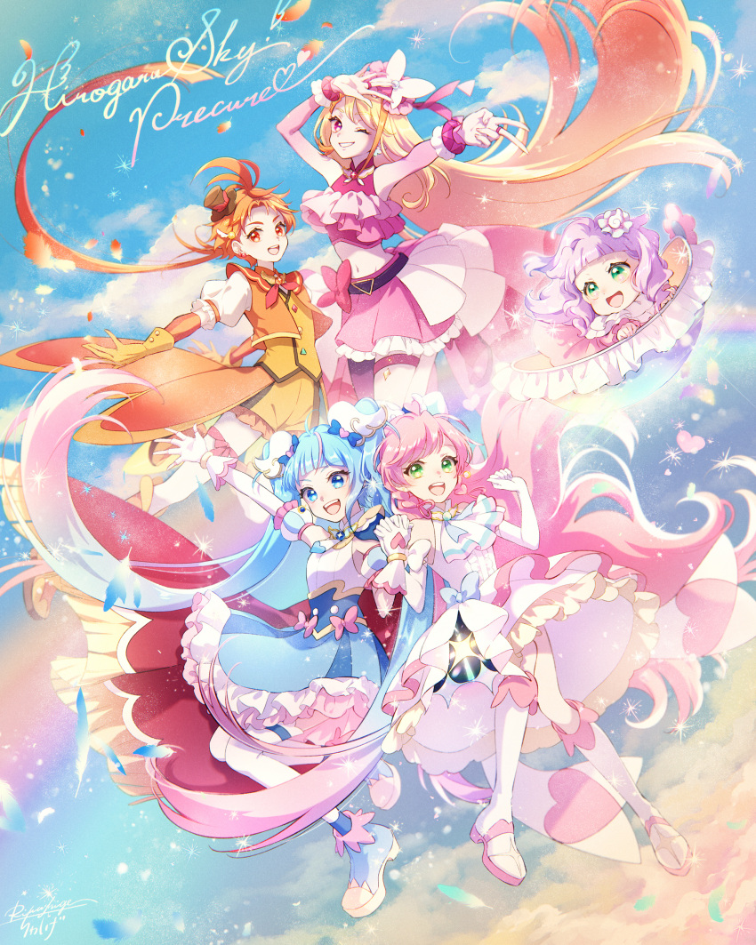 1boy, 4girls, absurdres, aqua_eyes, ascot, baby, belt, blonde_hair