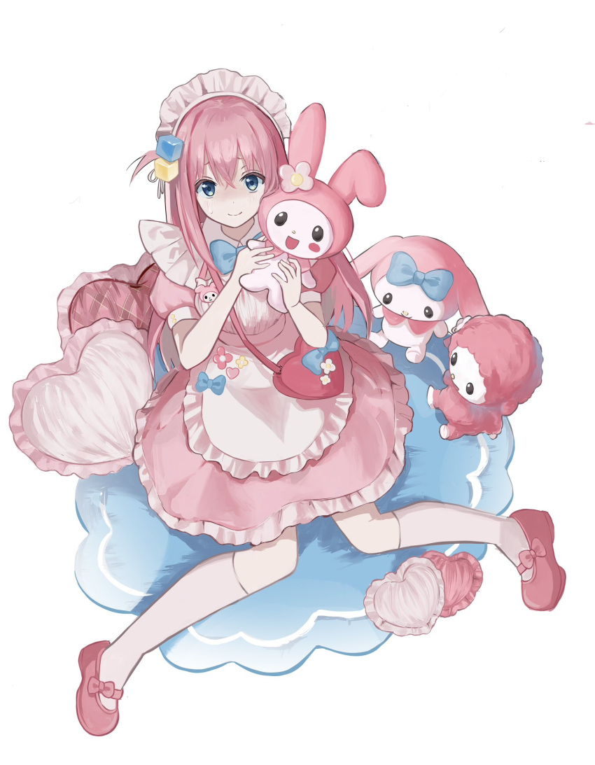 1girl, alli_(777), apron, blue_bow, blue_bowtie, blue_eyes, bocchi_the_rock!, bow, bowtie, dress, frilled_dress, frills, gotou_hitori, hair_between_eyes, heart, heart_pillow, highres, long_hair, maid, maid_apron, maid_headdress, my_melody, my_sweet_piano, one_side_up, pillow, pink_dress, pink_footwear, pink_hair, sanrio, socks, solo, waist_apron, white_socks