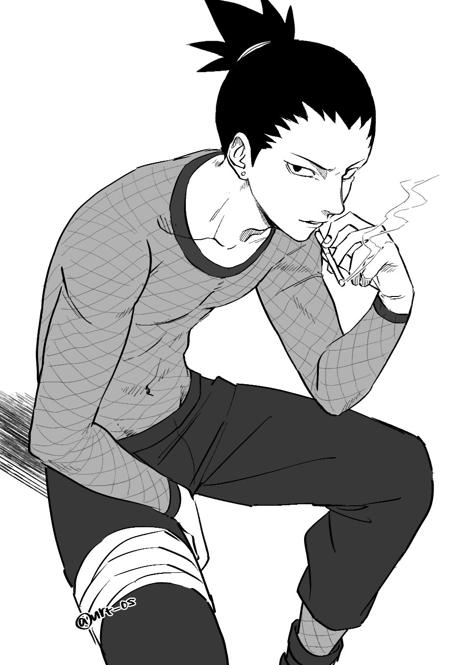 1boy, cigarette, covered_navel, fishnet_top, fishnets, greyscale, highres, looking_at_viewer, male_focus, monochrome, muscular, muscular_male, nara_shikamaru, naruto_(series), naruto_shippuuden, navel, nrt_os_(artist), ponytail, sanpaku, simple_background, sitting, smoke, smoking, solo, white_background