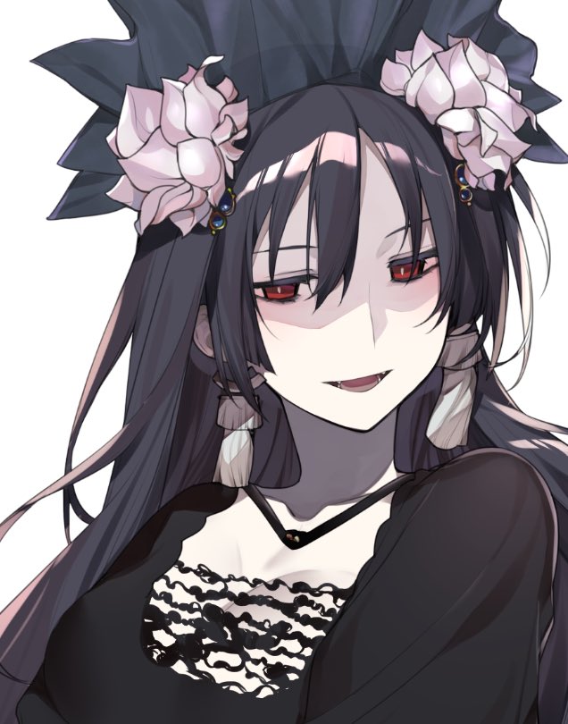 1girl, black_hair, colored_eyelashes, earrings, fangs, flower, hair_flower, hair_ornament, jewelry, looking_at_viewer, miracle_tou, pale_skin, rance_(series), red_eyes, shaded_face, shikosour, simple_background, solo, white_background