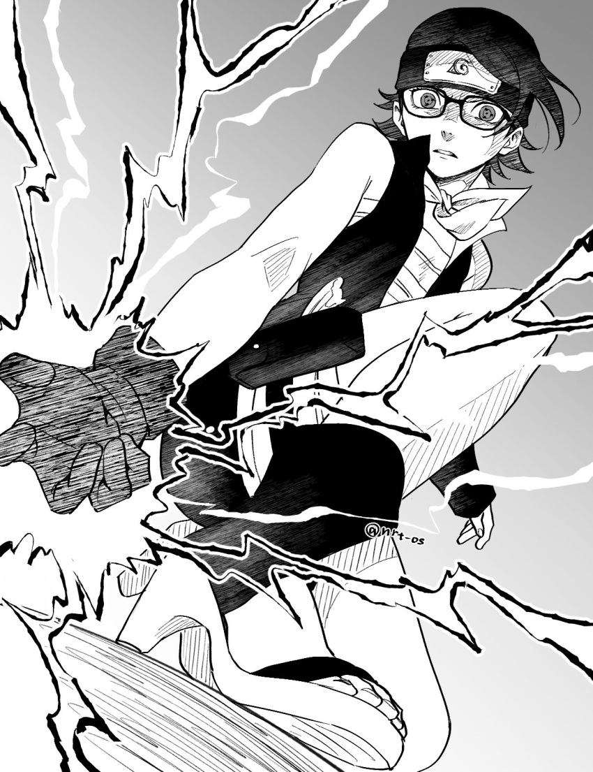 1girl, angry, boruto:_naruto_next_generations, dress, electricity, flat_chest, glasses, gloves