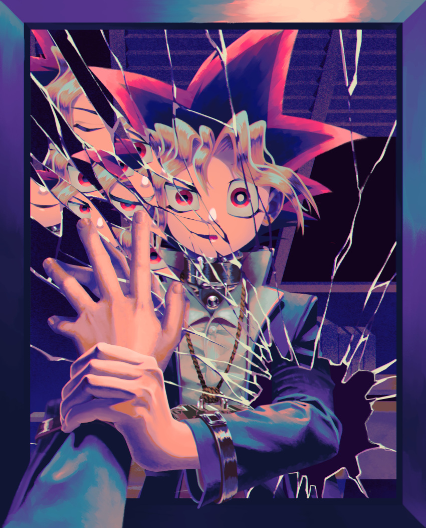 2boys, absurdres, black_hair, blonde_hair, bright_pupils, broken_mirror, chiinosuke, choker