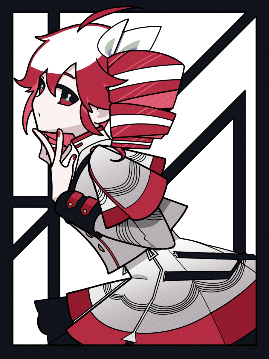 1girl, ahoge, black_border, border, cowboy_shot, drill_hair, grey_shirt, grey_skirt, halftone, hand_up, highres, kasane_teto, leaning_forward, limited_palette, looking_at_viewer, machigami_yoh, red_eyes, red_nails, redhead, shirt, skirt, solo, synthesizer_v, twin_drills