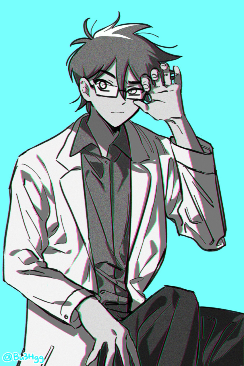 1boy, adjusting_eyewear, aged_up, alternate_costume, bespectacled, blue_background, bu3hgg, closed_mouth, collared_shirt, dark-skinned_male, dark_skin, glasses, hero_(omori), highres, lab_coat, long_sleeves, looking_at_viewer, omori, pants, partially_colored, rectangular_eyewear, semi-rimless_eyewear, shirt, short_hair, simple_background, under-rim_eyewear