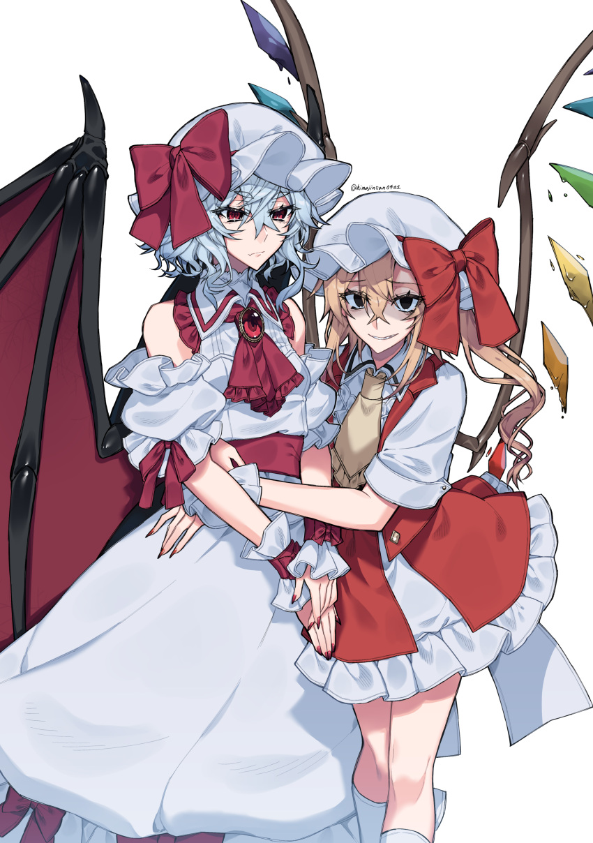 2girls, absurdres, ascot, bare_shoulders, bat_wings, blonde_hair, blue_hair, bow