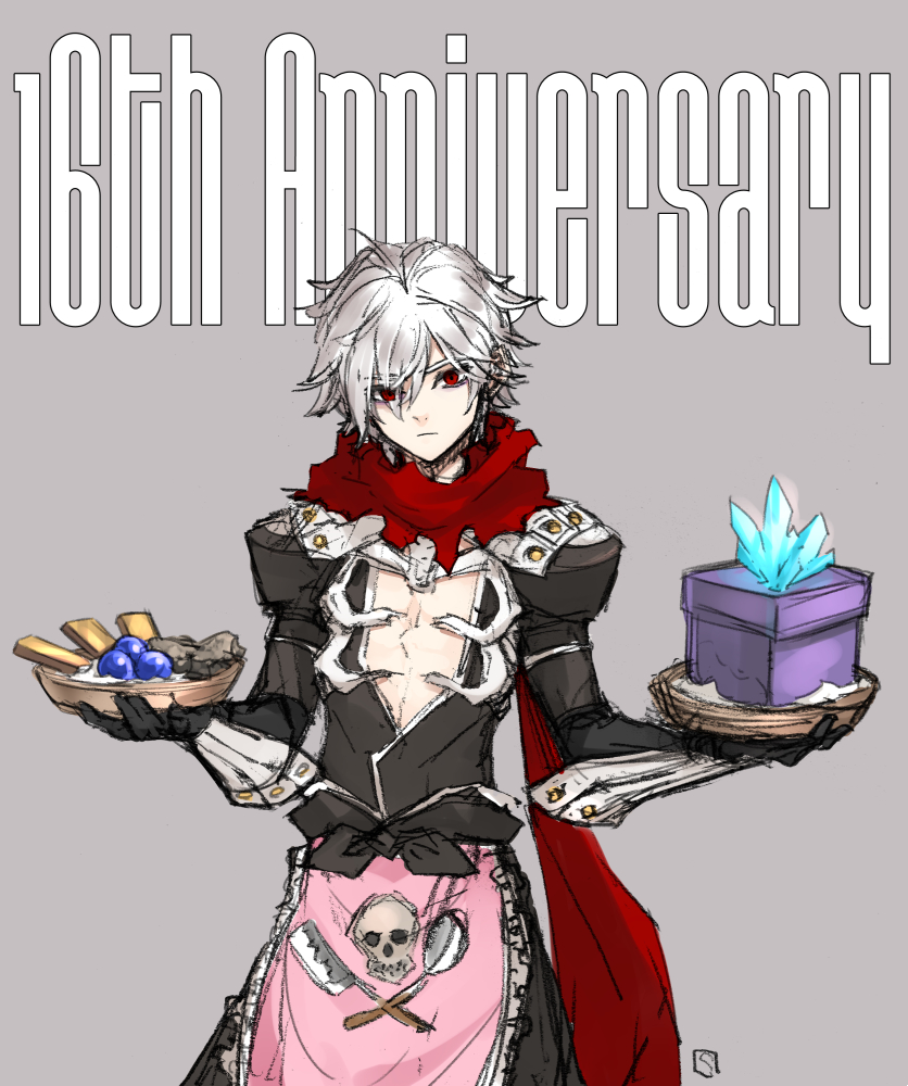 1boy, anniversary, apron, armor, assassin_cross_(ragnarok_online), basket, black_gloves, black_pants, black_shirt, box, closed_mouth, commentary_request, cowboy_shot, crystal, elbow_gloves, expressionless, eyes_visible_through_hair, frilled_apron, frills, gloves, grey_background, hair_between_eyes, hair_over_one_eye, holding, holding_basket, kusabi_(aighe), long_bangs, looking_at_viewer, male_focus, open_clothes, open_shirt, pants, pauldrons, pink_apron, ragnarok_online, red_eyes, red_scarf, scarf, shirt, short_hair, shoulder_armor, shy_(ragnarok_online), skull_print, solo, vambraces, waist_apron, white_hair